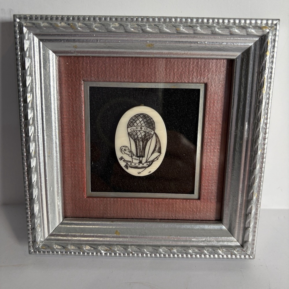 Miniature Hot Air Balloon Scrimshaw Framed Matted Art 4"